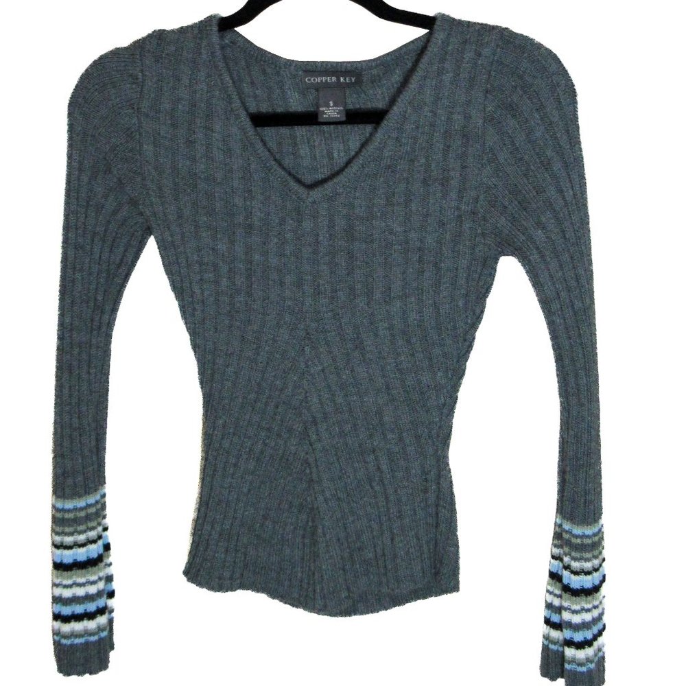 Copper Key Grey Sweater with striped cuffs Small Unique Sleeves form-fitting